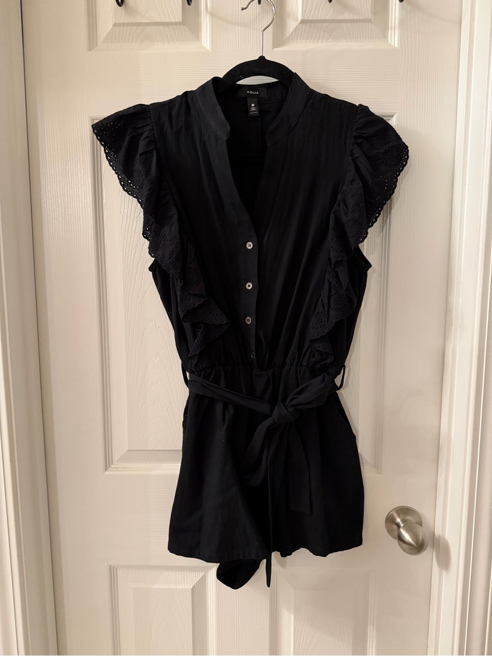Aqua Black Ruffle-Sleeve Tie-Waist Bodysuit Romper
